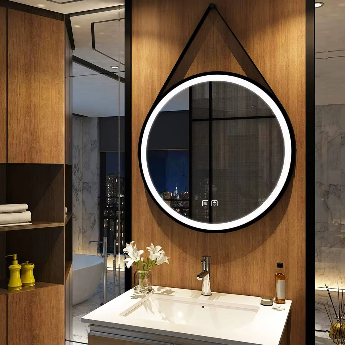 Lustro Okrągłe Led Wiszące Na Pasku 70cm 104  2