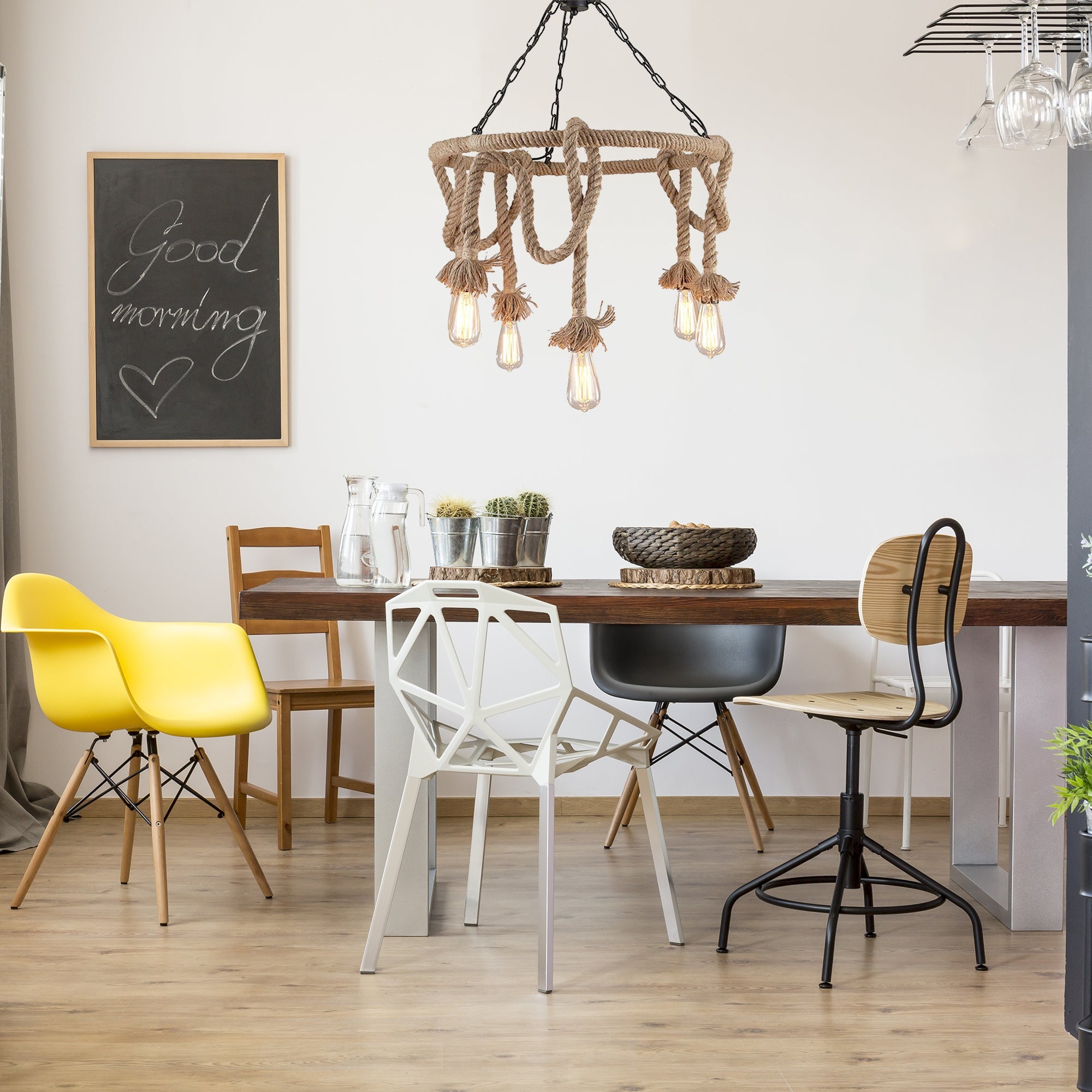 Lampa Sufitowa Wisząca Żyrandol Boho Sznur 5 E27 APP677-5CP  4