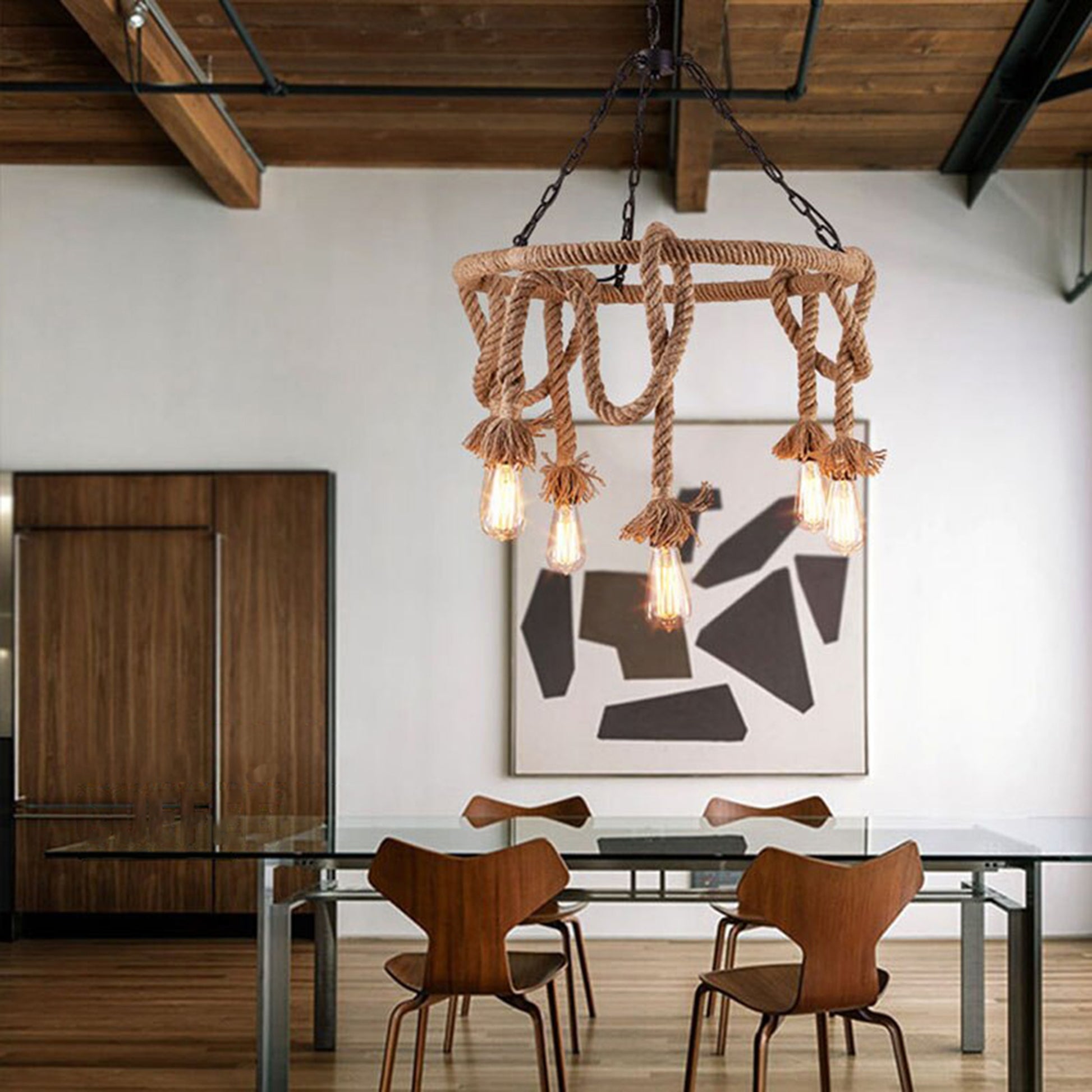 Lampa Sufitowa Wisząca Żyrandol Boho Sznur 5 E27 APP677-5CP  6